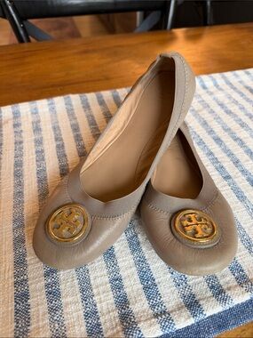 Tory Burch Taupe Leather Logo Ballet Flats with Gold Medallion